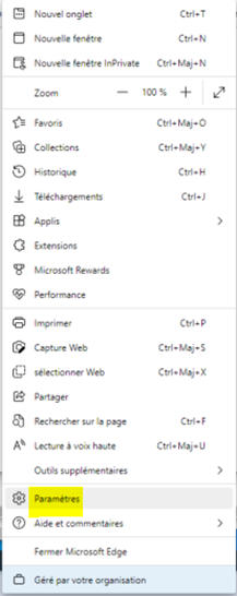 Menu de l'application Edge, avec les paramètres en surbrillance